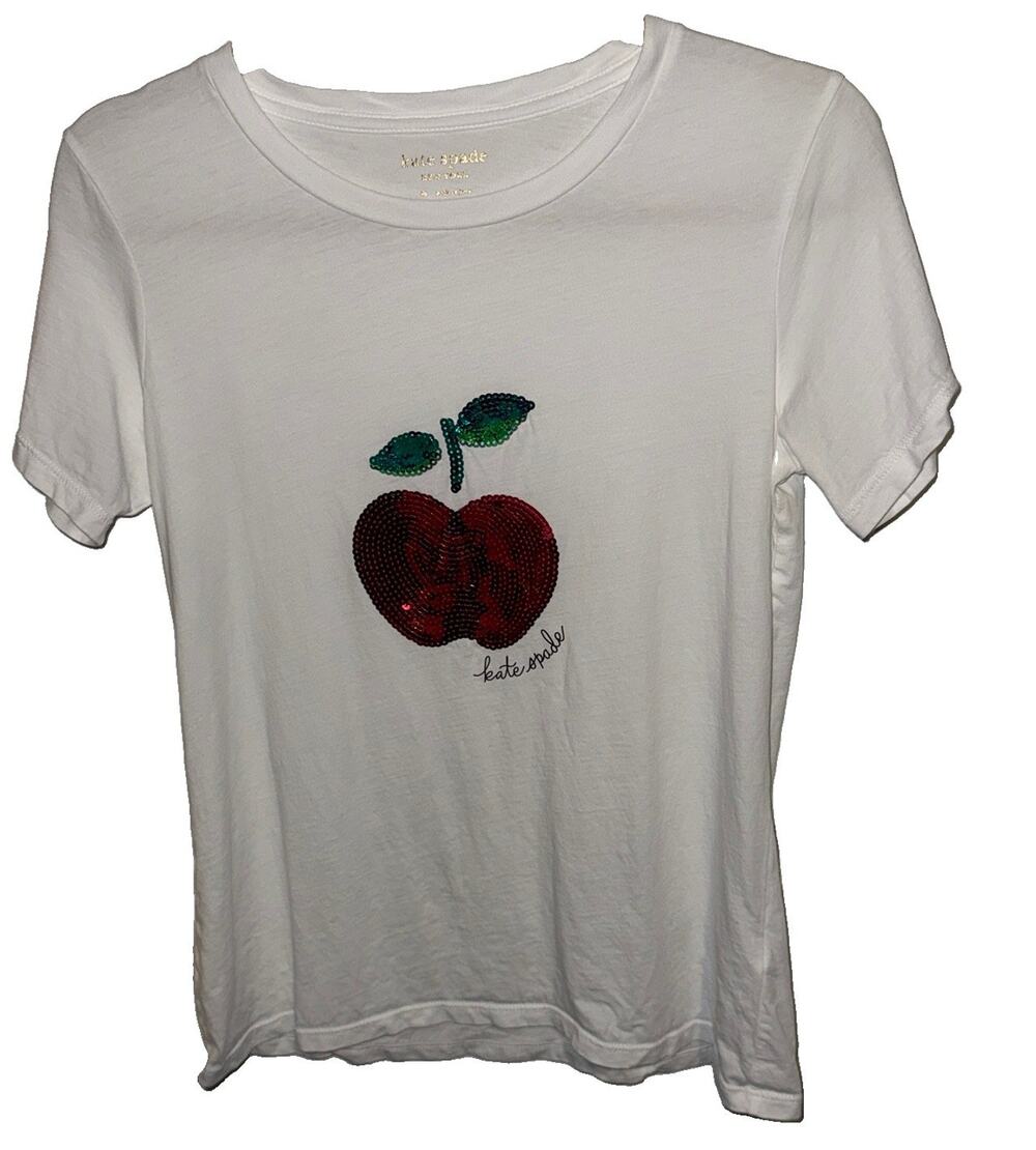 kate spade new york White Sequin Apple Graphic Crewneck T-Shirt Women’s M